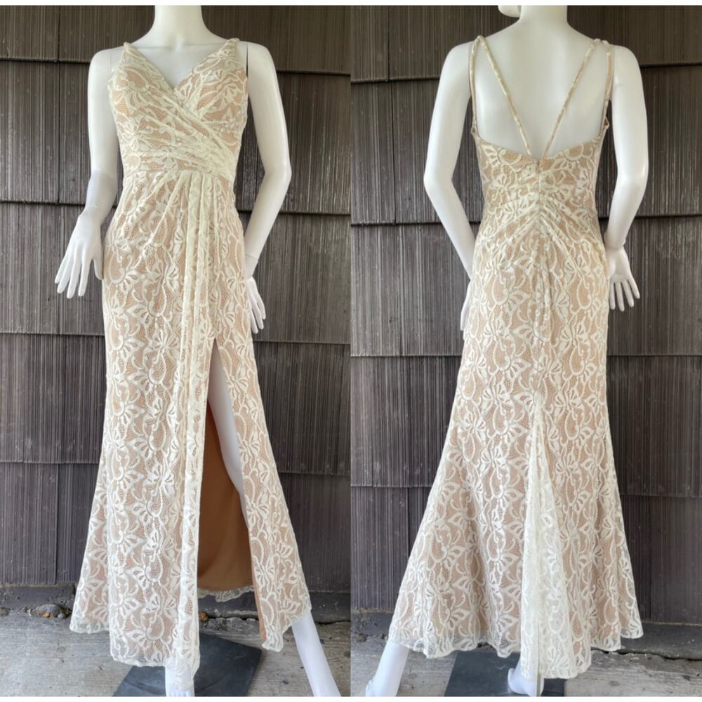 🔥Faviana Champagne Lace Ruched Slit Fit & Flare Party Formal Evening Maxi Dress